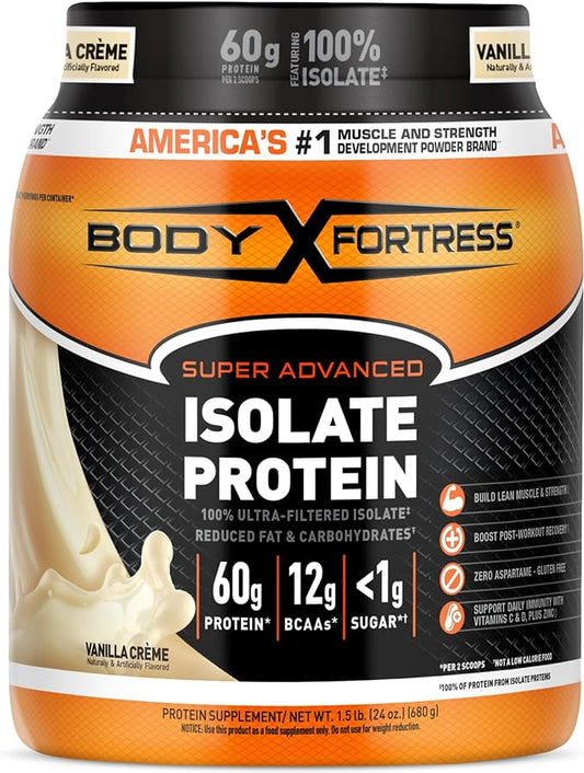 Body Fortress Super Advanced 100% Ultra-filtered 60g Protein 12g BCAAs 2 Scoops, 1.5lbs