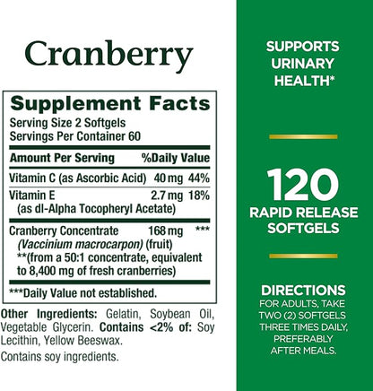 Nature's Bounty Cranberry, Herbal Health Supplement 4200mg, 120 120 Softgels