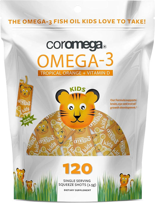 Coromega Kids Omega 3 Fish Oil 650mg of Omega-3s, Tropical 120 Single