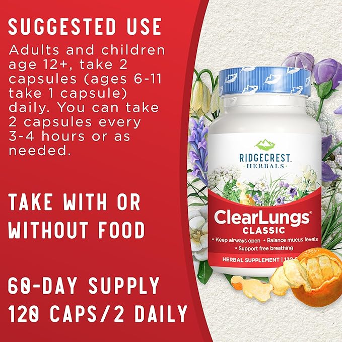 Ridgecrest Herbals ClearLungs Classic, Natural Lung (120 Caps, 60 Serv)