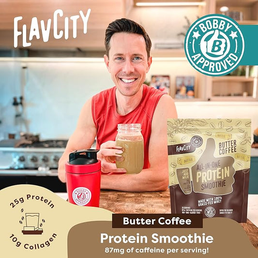 FlavCity Protein Powder Smoothie, Butter Coffee 100% Grass-Fed (25g of (33.02 oz)