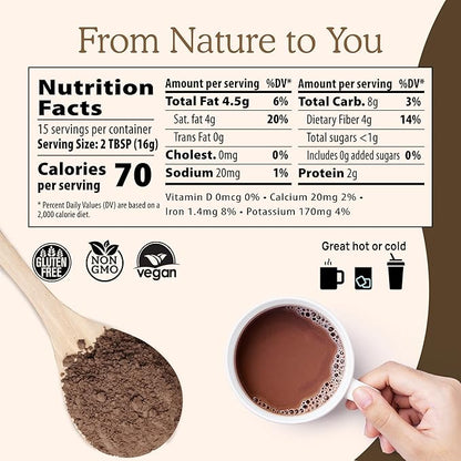 Real Mushrooms Unsweetened Organic Hot Chocolate Mix with 5 Defenders Turkey Tail, Chaga, Maitake, Shiitake, Reishi Mushroom - Cacao Powder Vegan Supplement, 15 Servings