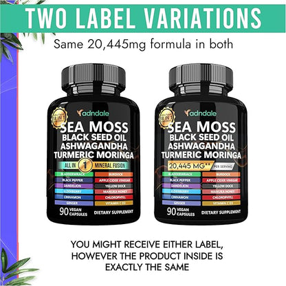 Sea Moss Black Seed Oil Ashwagandha Ginger Capsules. Sea Moss Capsules with Black Seed Oil, Ashwagandha, Turmeric, Moringa, Bladderwrack, Burdock Root, Manuka Honey, Cinnamon. 18-in-1 20’445 mg/Serv
