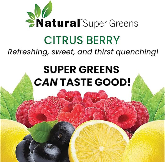Natural Super Greens Powder Organic Supplements| Great Tasting Fruits and Vegetables Juice & Smoothie Mix| Probiotics & Digestive Enzymes| Green Superfood Spirulina & Chlorella (Citrus Berry)