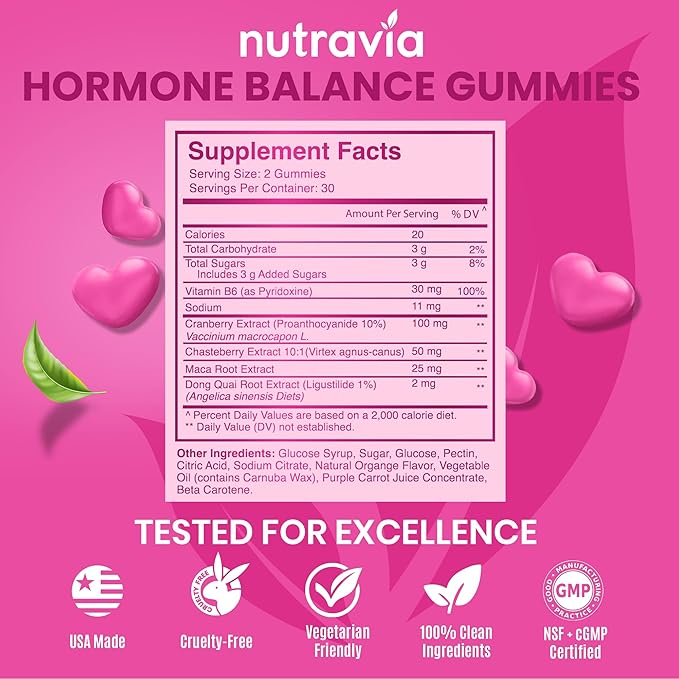 Hormone Balance For Women Gummies + PMS Relief Supplement - Supports Mood Swings, Clear Skin, Reduced Cramps and Bloating - Hormonal PMS Gummies PCOS Vitamin with Cranberry, Dong Quai (60 Gummies)
