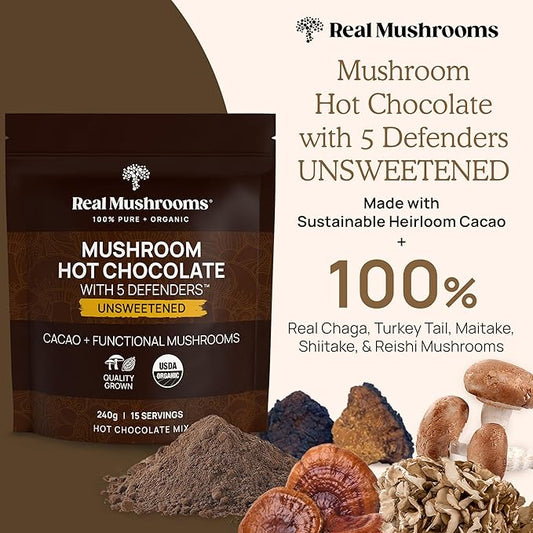 Real Mushrooms Unsweetened Organic Hot Chocolate Mix with 5 Defenders Turkey Tail, Chaga, Maitake, Shiitake, Reishi Mushroom - Cacao Powder Vegan Supplement, 15 Servings