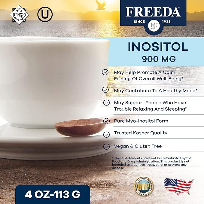 FREEDA Inositol Powder from Myo-Inositol - Hormone Balance for Women - PCOS Supplements for Women - Vitamin B8 Conception, Fertility Support - Myoinositol for Mood Improvement in Men & Women - 4 oz