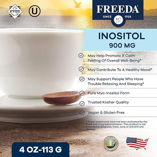 FREEDA Inositol Powder from Myo-Inositol - Hormone Balance for Women - PCOS Supplements for Women - Vitamin B8 Conception, Fertility Support - Myoinositol for Mood Improvement in Men & Women - 4 oz