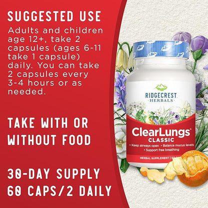 RidgeCrest Herbals ClearLungs Classic, Natural Lung (60 Caps, 30 Serv)