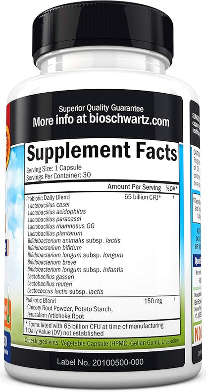 Probiotic 65 Billion - Probiotics with Prebiotic for Women & Men - Lactobacillus Acidophilus Digestive Health Capsules - Targeted Release Technology - Shelf Stable Supplement Non-GMO Dairy Free-30ct