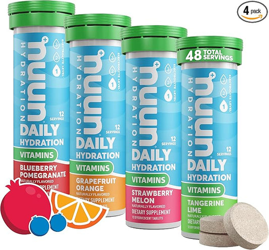 Nuun Hydration Vitamins Electrolyte Tablets, Mixed Fruit, 5 Essential Electrolytes for Hydration + Vitamin A, B6, C, D, E, with Magnesium, Vegan, Non-GMO, 4 Pack (48'Servings)