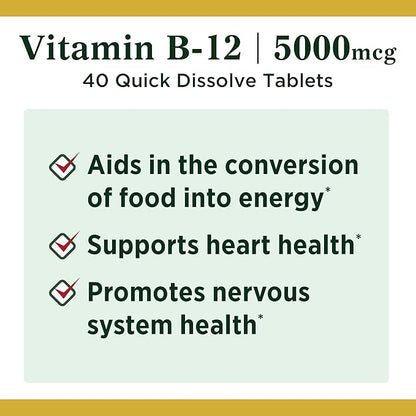 Nature's Bounty Vitamin B12, Quick Dissolve 5000mcg, 40 40 Tablets