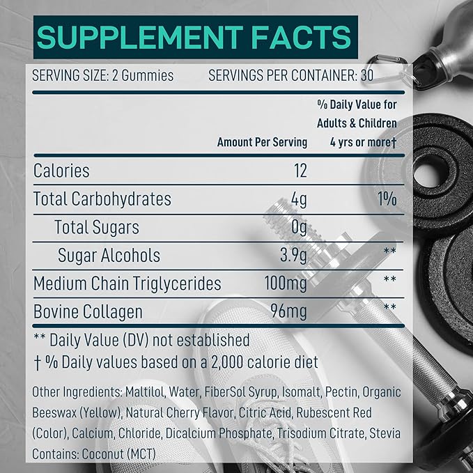 MCT Oil Keto Gummies Collagen Metabolism Booster - Pre Workout Gummy Energy Chews Keto Candy - Physical and Mental Energy, Low Carb, Low Calorie - 60 Cherry Collagen Gummies For Women and Men