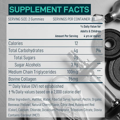 MCT Oil Keto Gummies Collagen Metabolism Booster - Pre Workout Gummy Energy Chews Keto Candy - Physical and Mental Energy, Low Carb, Low Calorie - 60 Cherry Collagen Gummies For Women and Men