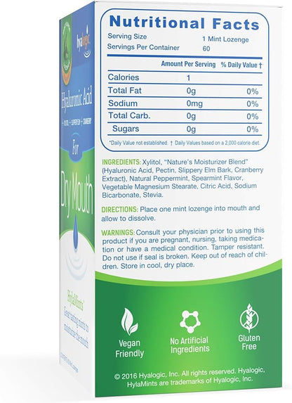 Hyalogic HyaMints Breath Mints for Dry Mouth- Sugar Free Mint Flavor— Natural Breath Freshener w/Hyaluronic Acid, Cranberry Extract, Xylitol, Slippery Elm, Orange Pectin (60 Count)