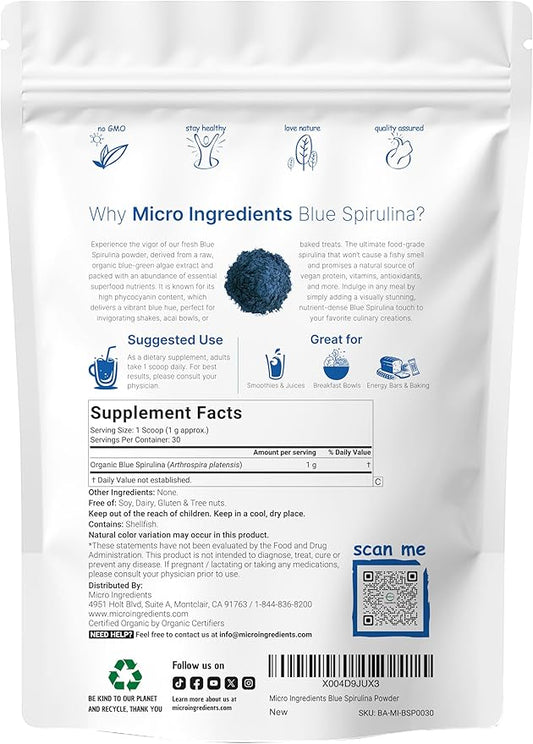 Organic Blue Spirulina Powder (Phycocyanin Extract), 30 Servings - No Fishy Smell, 100% Vegan Protein from Blue-Green Algae, Natural Luminous Food Coloring for Smoothies, Baking, Drinks & Cooking
