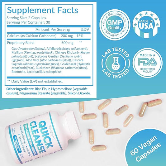 SkinnyBoost Quick Cleanse Vegan Capsules for Weight Support & Bloating Relief – Colon Cleanser and Detox with Natural Fiber & Probiotics – Supports Digestive & Gut Health-60 Capsules