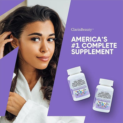 ClarinBeauty 100% Natural Collagen Pills 1000mg 10000mcg Keratin 2500mg Hyaluronic