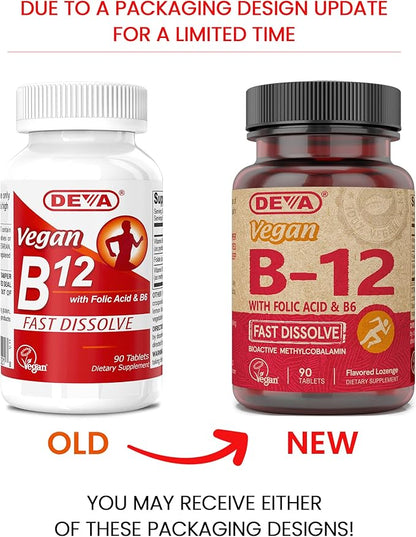 DEVA Vegan Vitamin B12 Fast Dissolve Supplement 1000 Mcg B12, Folic B6 - 90 Dissolvable