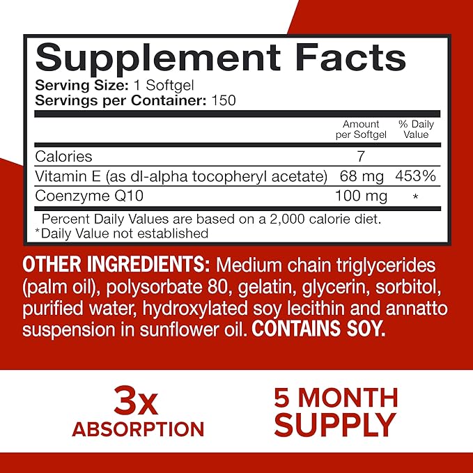 Qunol Ultra CoQ10 100mg Softgels- 3X Q10 Supplements 5 Month 150 Count