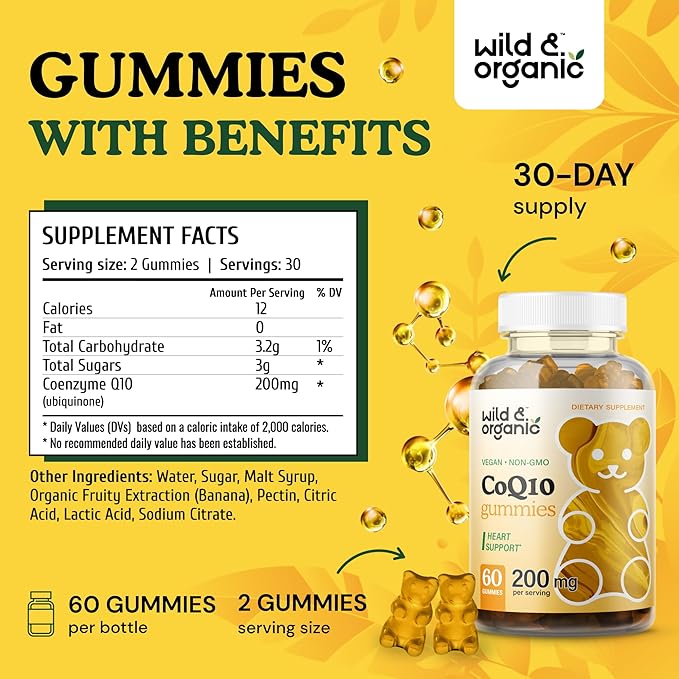 Wild & Organic CoQ10 Gummies CoQ10 200mg 200mg - CoQ10 Ubiquinone Q10 Focus 60 Non-GMO