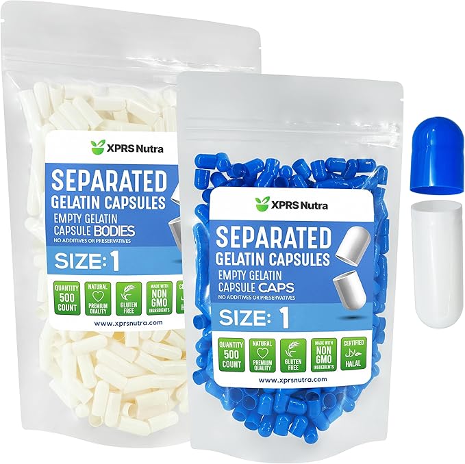 XPRS Nutra Size 1 Gelatin Separated Capsules- 500 Count Empty Pill Capsules Separated in Bags - Empty Capsules - Separated Empty Capsules- Pill Capsules Empty for DIY Supplement Filling (Blue/White)