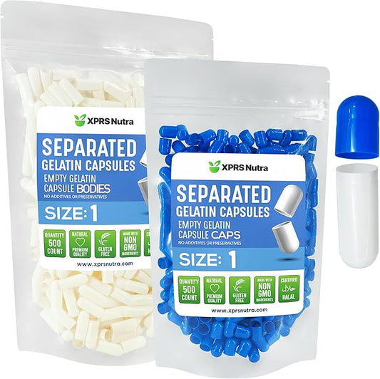 XPRS Nutra Size 1 Gelatin Separated Capsules- 500 Count Empty Pill Capsules Separated in Bags - Empty Capsules - Separated Empty Capsules- Pill Capsules Empty for DIY Supplement Filling (Blue/White)