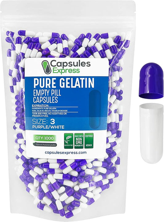 XPRS Nutra Size 3 Empty Capsules - 1000 Count Empty Gelatin Capsules - Empty Pill Capsules - DIY Capsule Filling - Pure Bovine Pill Capsules Empty Gel Caps (Purple/White)