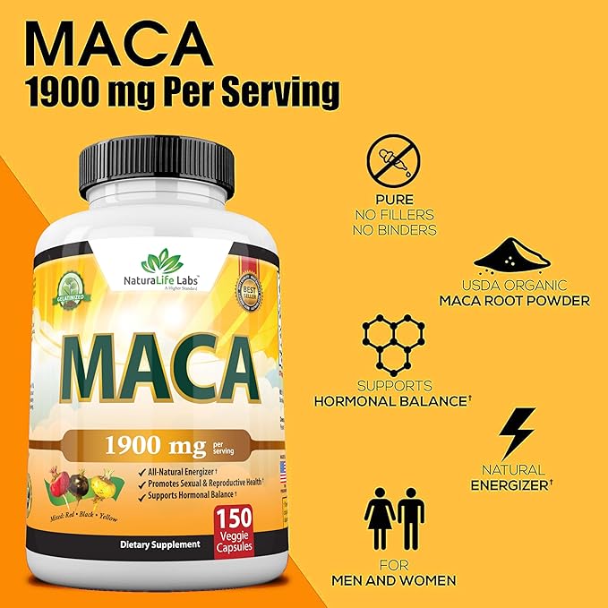 Organic Maca Root Black, Red, Yellow 1900 MG 150 Vegan 100% Pure