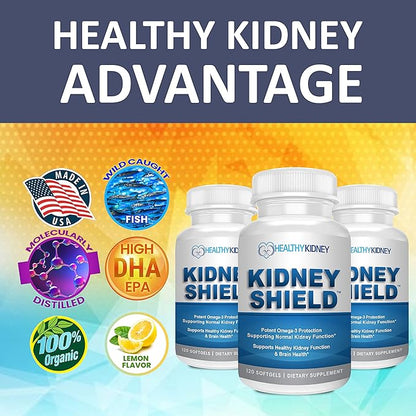 Kidney Shield Omega 3 Fish Oil Supplements - DHA EPA Omega 3 Supplement for Women & Men Kidney Health - Omega3 to Support Normal Kidney Function & Kidney Cleanse Detox & Repair - 120 Lemon Softgels