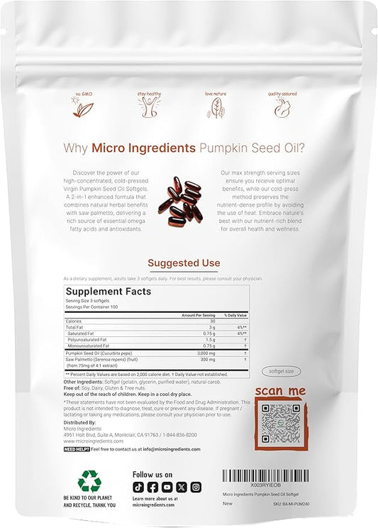Pumpkin Seed Oil with Saw Palmetto, 3000mg Per Serving, 300 Softgels | Cold Pressed, Pure Virgin Oil, Essential Fatty Acids & Phytosterols | Supports Hair, Urinary, Bladder & Prostate Health | Non-GMO