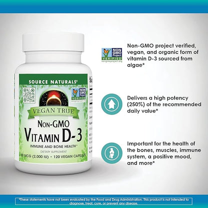 Source Naturals Vegan True, Non-GMO Vitamin D-3, Dietary Supplement for Immune and Bone Health*, 2,000 IU - 90 Capsules