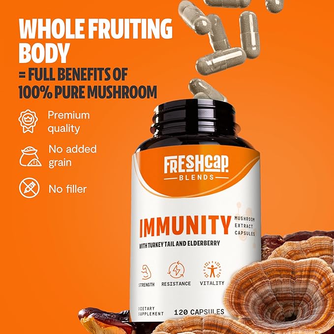 FreshCap Immunity Immune Support Supplement, Immune Boosters for Adults, Immunity Boost Supplement, Elderberry Vitamin C and Zinc, Turkey Tail Mushroom Supplement Capsules, Ayurveda (120 Capsules)