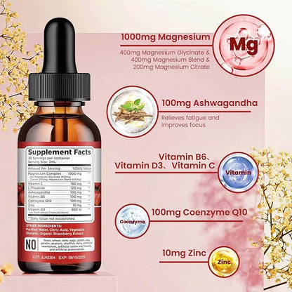 Triple Magnesium Complex Supplement, Magnesium Glycinate, Blend, Citrate Liquid Drops 1000mg with Ashwagandha, CoQ10, Vitamin B6, C, D, Zinc -Support Calm Stress Relief, Bone, Muscle, Mood Vegan
