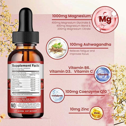 Triple Magnesium Complex Supplement, Magnesium Glycinate, Blend, Citrate Liquid Drops 1000mg with Ashwagandha, CoQ10, Vitamin B6, C, D, Zinc -Support Calm Stress Relief, Bone, Muscle, Mood Vegan