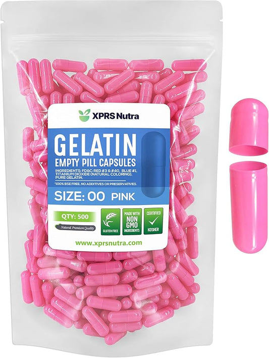 XPRS Nutra Size 00 Empty Capsules - 500 Count Empty Gelatin Capsules - Empty Pill Capsules - DIY Capsule Filling - Fillable Pill Capsules Empty Gel Caps (Pink)