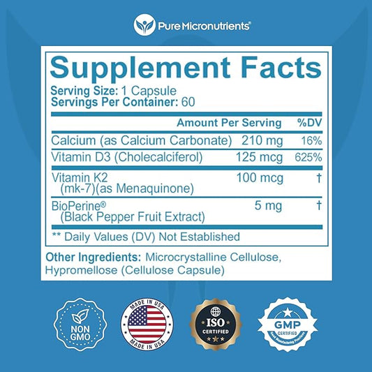 Pure Micronutrients Vitamin D3 K2 Supplement MK7 100mcg, 100mcg, D3 D3 5000 5000 iu, 60 capsules