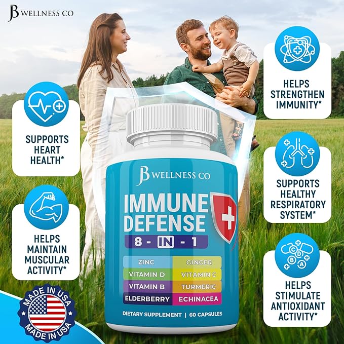 Immune Support 8 in 1 Capsules - Zinc Supplement, Vitamin D3 5000 IU, Vitamin C 1000MG and Elderberry - Immune Booster Supplement with Echinacea, Ginger Root, and Turmeric - [3-Pack, 180 Count]