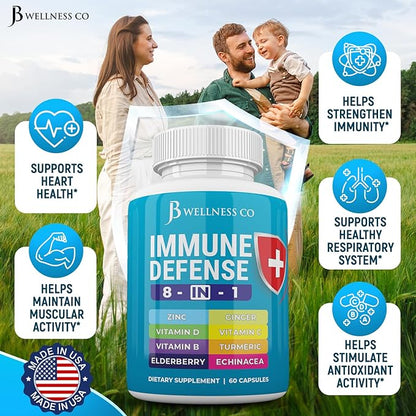 Immune Support 8 in 1 Capsules - Zinc Supplement, Vitamin D3 5000 IU, Vitamin C 1000MG and Elderberry - Immune Booster Supplement with Echinacea, Ginger Root, and Turmeric - [3-Pack, 180 Count]