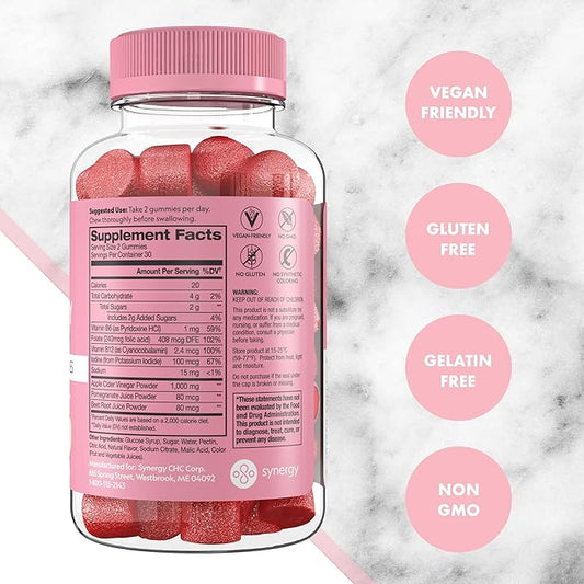 Flat Tummy Apple Cider Vinegar Gummies, 60 Count – ACV Gummies, Detox, Support Gut Health – Vegan-Friendly, Non-GMO - Beet and Pomegranate Superfood Powders, Vitamins B6, B9 & B12