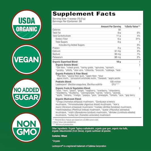 COUNTRY FARMS Super Greens Natural Flavor, 50 Organic 30 Servings