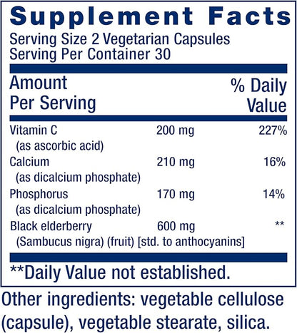 Life Extension Black Elderberry + Vitamin C, Everyday Immune Support from Elderberry & Vitamin C, Gluten Free, Non-GMO, Vegetarian, 60 Capsules
