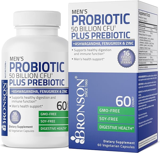 Bronson Men's Probiotic 50 Billion CFU Plus Prebiotic with Ashwagandha, Fenugreek & Zinc, Supports Healthy Digestion & Immune Function Non-GMO, 60 Vegetarian Capsules