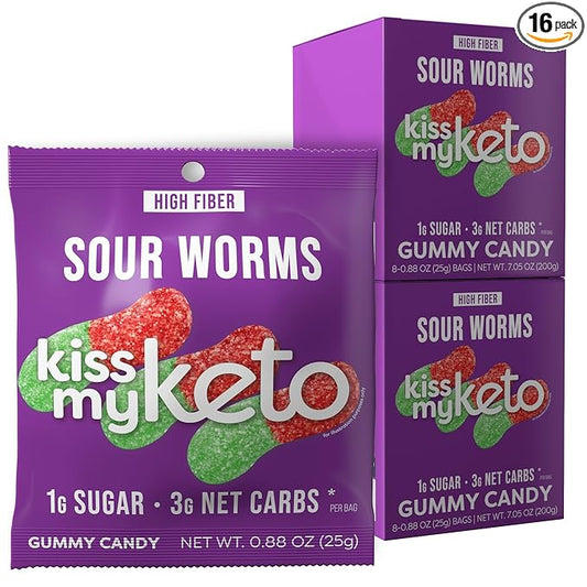 Kiss My Keto Sour Gummy Worms – 1g Sugar, Low Carb, High Fiber, non-GMO Sour Gummies Candy – Healthy Sour Worms Candy, Delicious Sour Gummy Candy Gummy Worm – Gummy Worms Individual Packets (16-pack)
