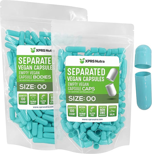 XPRS Nutra Vegan Size 00 Separated Capsules - 100 Count Premium Empty Capsules Separated in Bags - Separated Empty 00 Capsules - Pill Capsules Empty for DIY Supplement Filling (Aqua)
