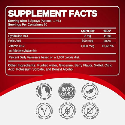Vitamin B12 Energy Spray, Methylcobalamin (4 oz 120 Servings)
