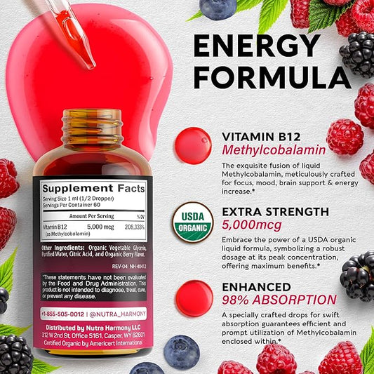 USDA Organic Vitamin B12 Sublingual Drops 5000 mcg 4 Month 2