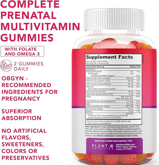 Prenatal Gummies for Women with DHA, Folate, Vitamin B C D | Delicious Multivitamin Blend for Fetal and Neural Support, Bones, Energy & Immunity During Pregnancy