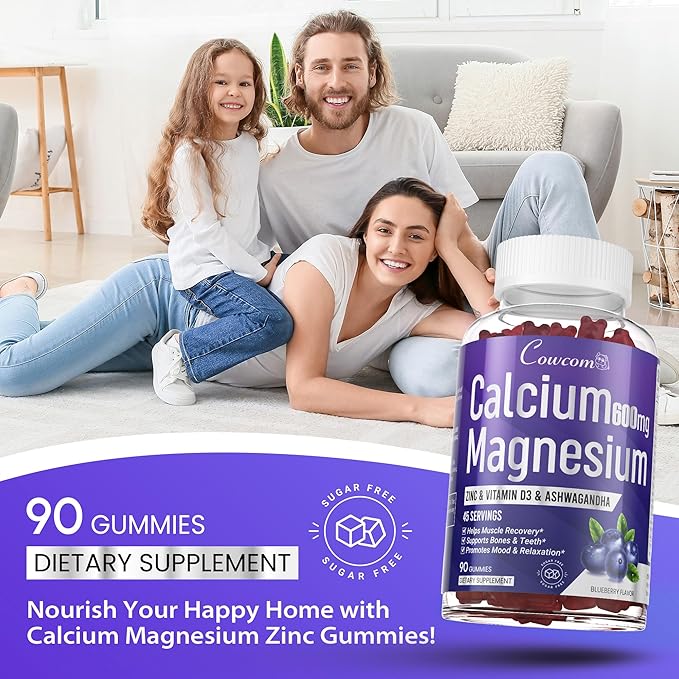 Calcium Magnesium Zinc Gummies Sugar-Free with Vitamin D3 B6 B12,High Absorption Calcium Magnesium Supplement,Bone, Muscles,Calm Mood,Sleep Support for Kids adults,90 Count Vegan Blueberry Flavor