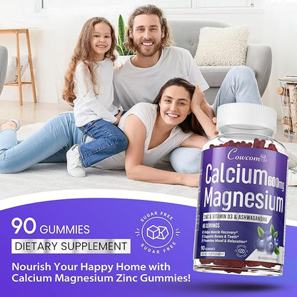 Calcium Magnesium Zinc Gummies Sugar-Free with Vitamin D3 B6 B12,High Absorption Calcium Magnesium Supplement,Bone, Muscles,Calm Mood,Sleep Support for Kids adults,90 Count Vegan Blueberry Flavor